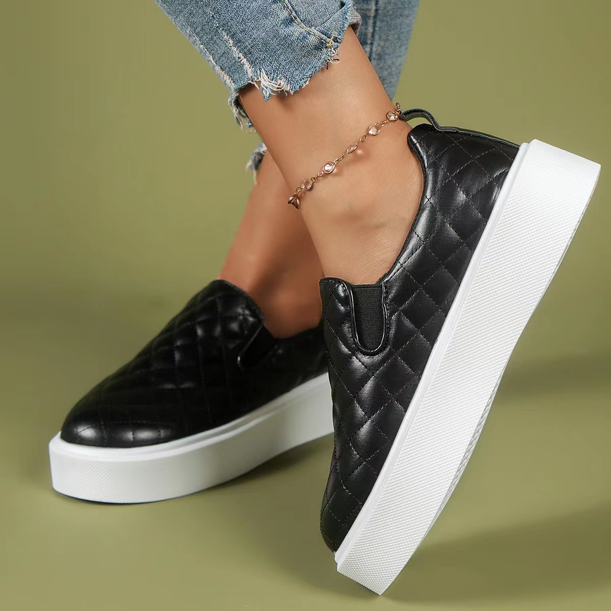Damenmode große Größe flache flache runde Kopf niedrige karierte Einzelschuhe für Frauen einfache einfarbige Fußset faule Halbschuhe_voghion.com