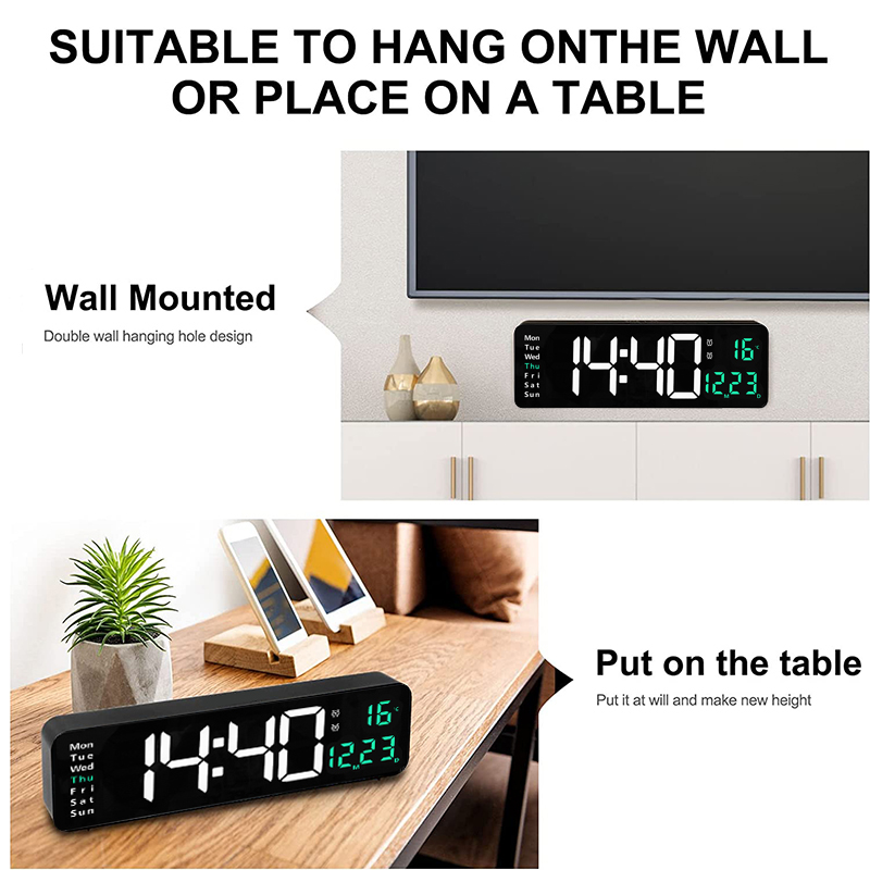 Wall-Mounted Large LED Digital Wall Clock Temp Date Week Display Power Off Memory Table Clock With Remote Control For Household_voghion.com