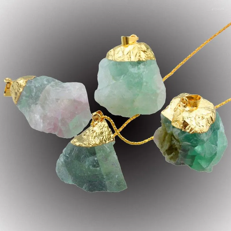 Colliers pendentifs en fluorite verte naturelle de forme libre plaquée or avec pierre précieuse irrégulière de qualité supérieure, bijoux de guérison énergétique Reiki_voghion.com