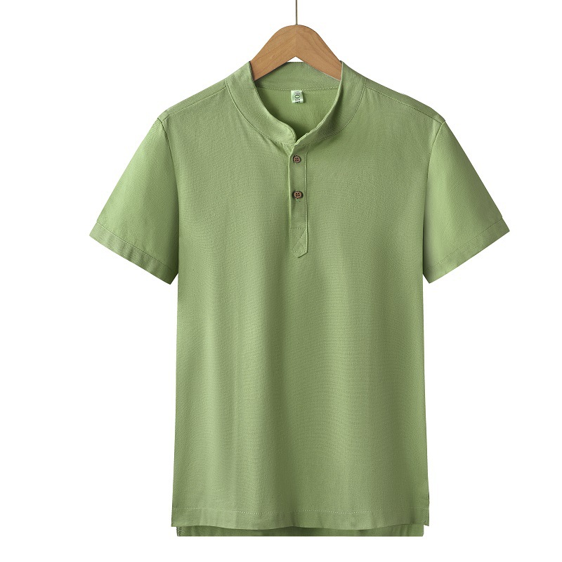 Men's Clothing  shirt solid color men's foreign trade men's summer men's cotton and linen casual shirt half placket stand collar new_voghion.com