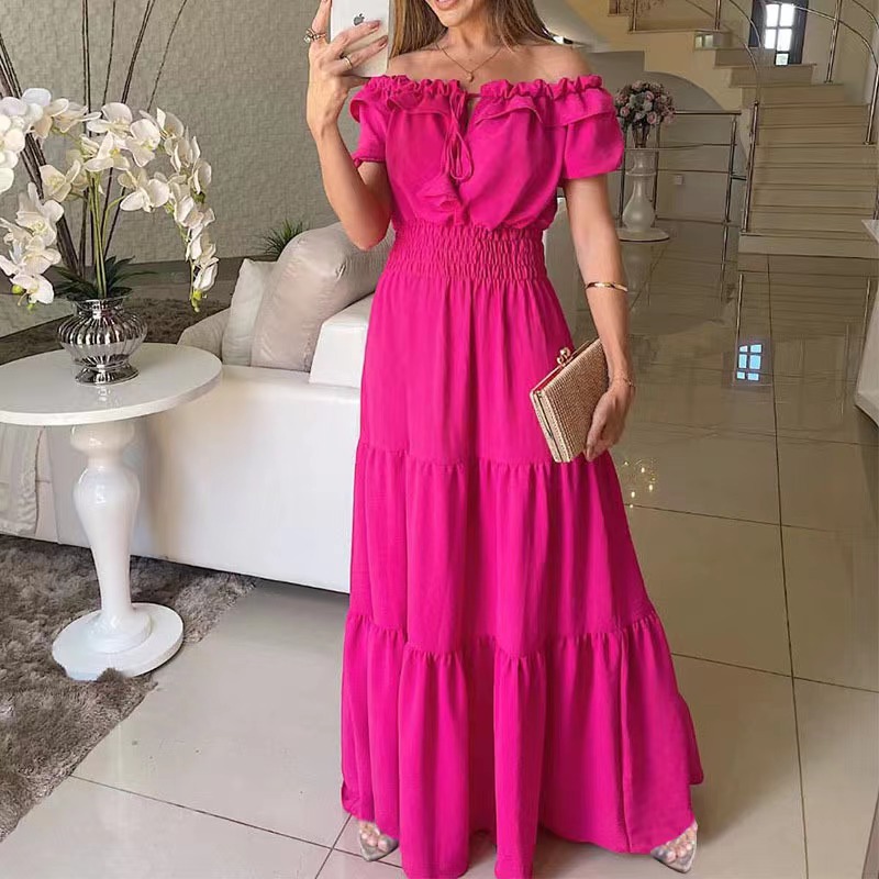 Women's Strapless Puff Sleeve Flared Dress With Lace-up Detail_voghion.com