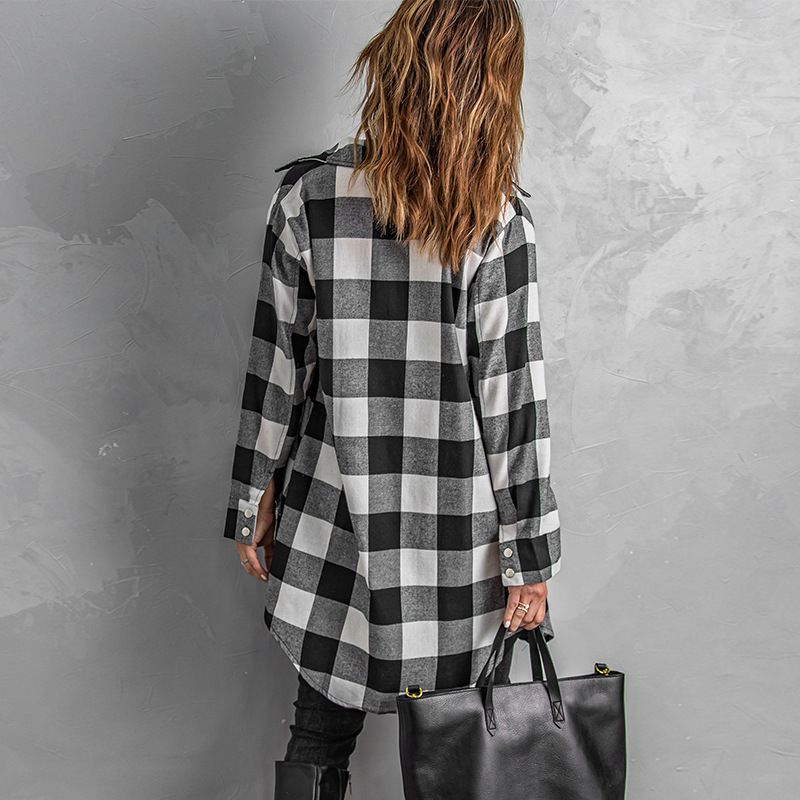 Women's in the long sleeve coat plaid shirt top_voghion.com