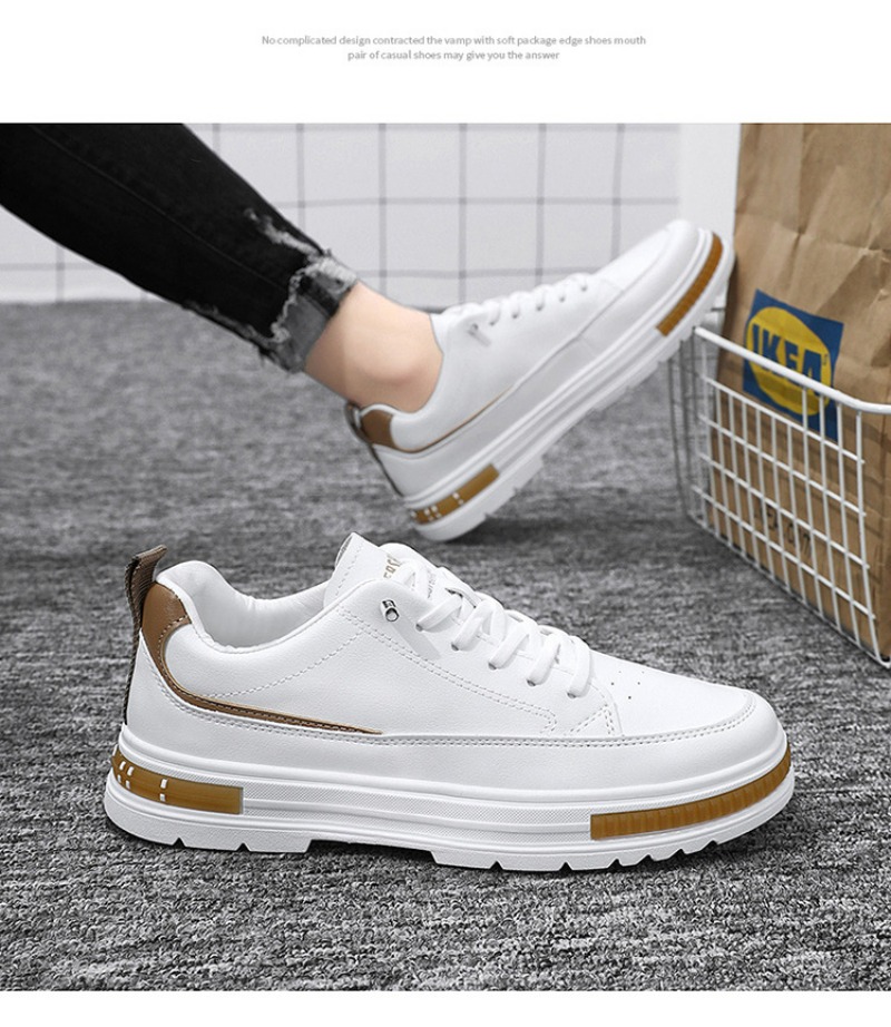 White Leather Men's Casual Trainers Comfortable Walking Shoes_voghion.com
