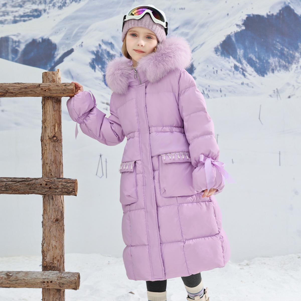 ​​Princess-Style Long Puffer Coat For Girls – Elegant Winter Jacket (Ages 8+, 120-170cm, Black/Purple)​​