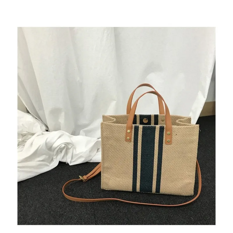 Borsa a mano da donna, semplice, alla moda, di grande capacità, vintage, a righe, portatile, stile coreano._voghion.com