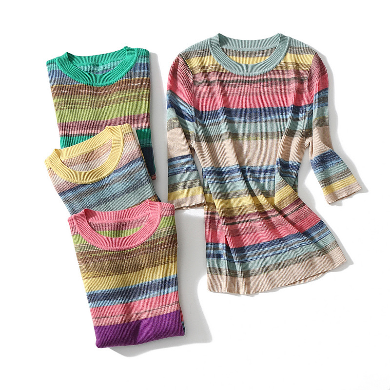 Pull en laine ultrafine pour femme, coupe cintrée, assorti avec tout, manches mi-longues, haut élastique à rayures arc-en-ciel, printemps et été_voghion.com
