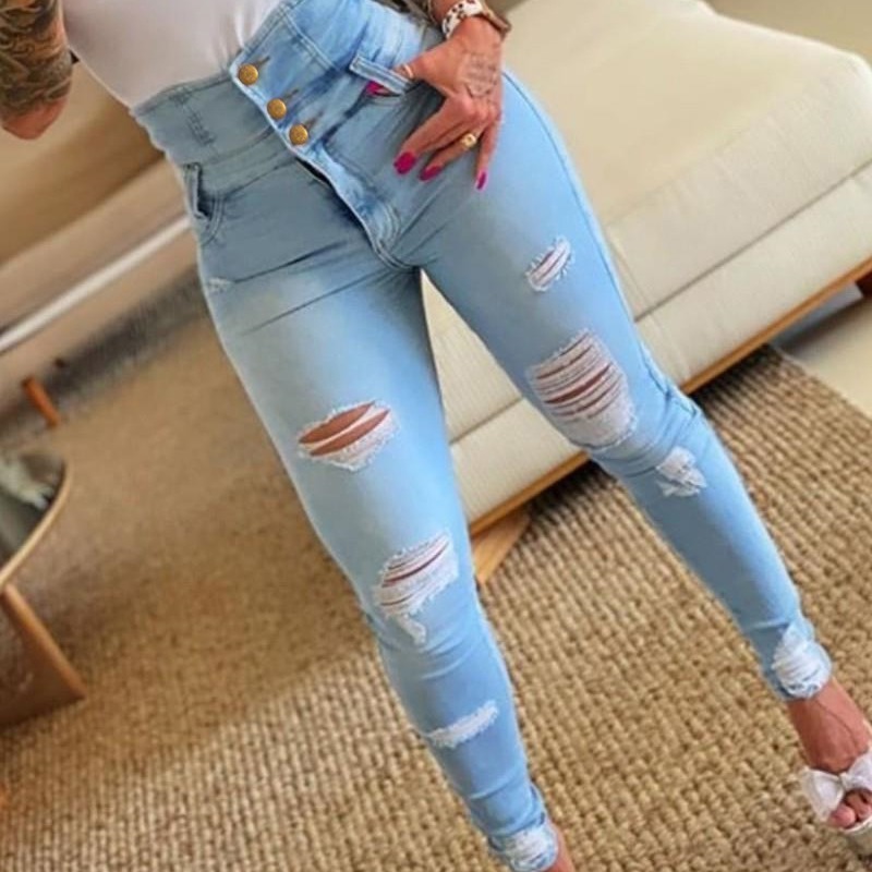 European and American style cross-border high waist distressed hole jeans women's personality trendy skinny trousers