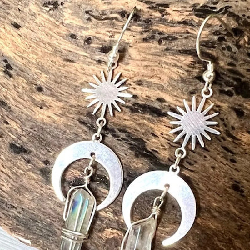 Earrings Quartz Crystal Moon and Sun Earrings_voghion.com