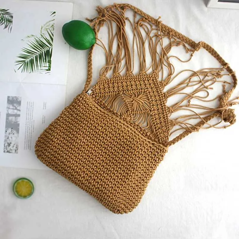 Handmade Cotton Woven Knitted Crossbody Bag With Tassels Vintage_voghion.com