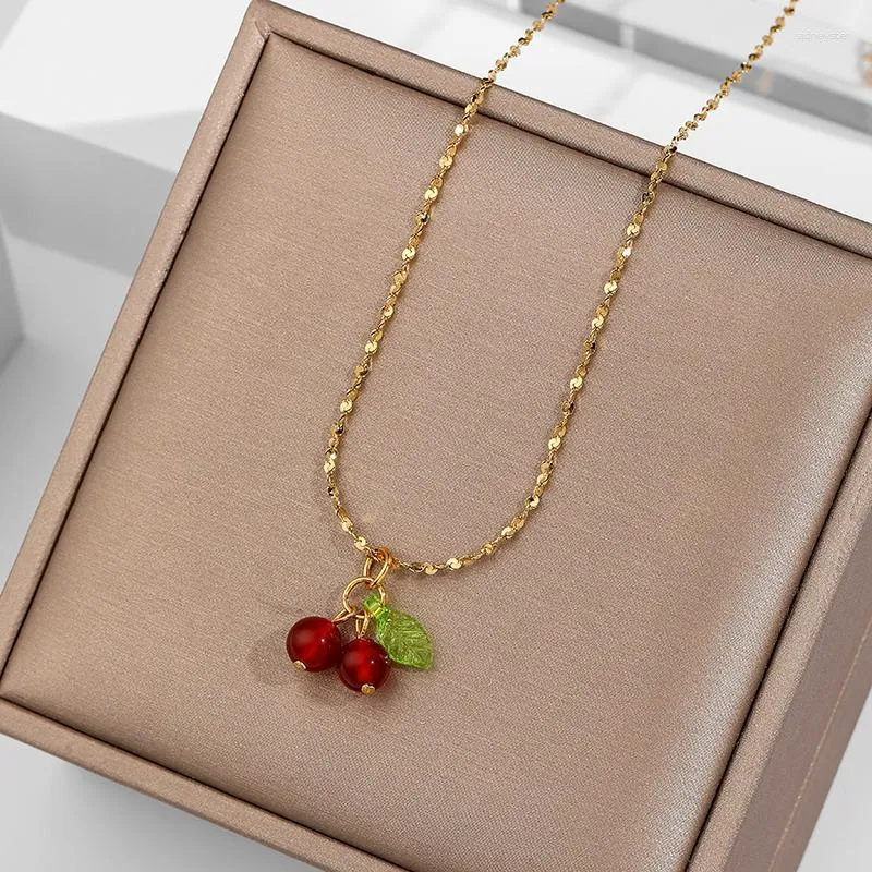 Pendant Necklaces Shoemaking Lovely Cherry Fruit Necklace Stainless Steel Fashion Student Jewelry For Girls Ladies Gift_voghion.com