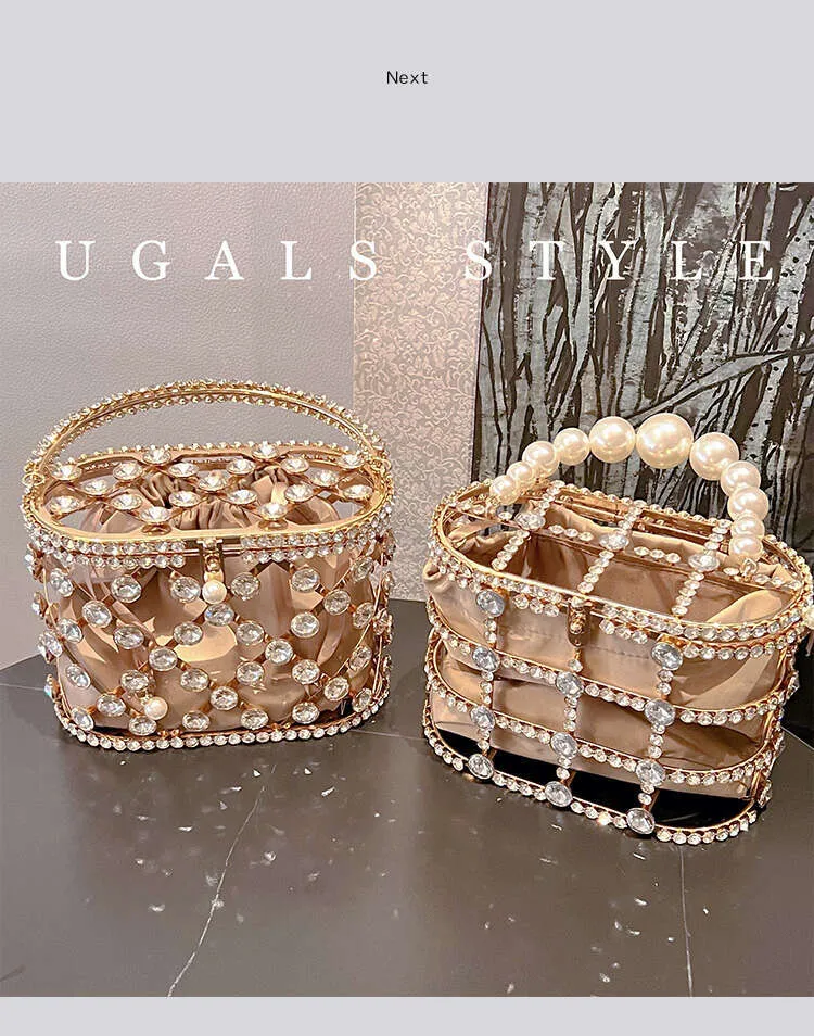 Designer aushöhlen Gold Metall Käfig Kristall glänzend Rhie Dia Abend Hochzeit Party Kupplung Geldbörse Umhängetasche_voghion.com