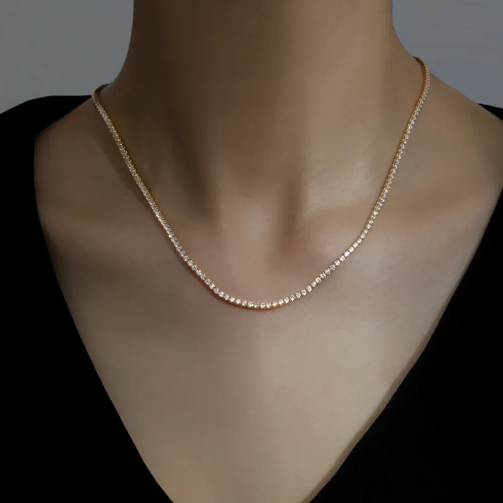 Cadenas finas de 2 mm con diamantes de moissanita y cadena cubana de plata, collar de oro real para mujer, joyería con piedra de circón, collares para el cuello_voghion.com