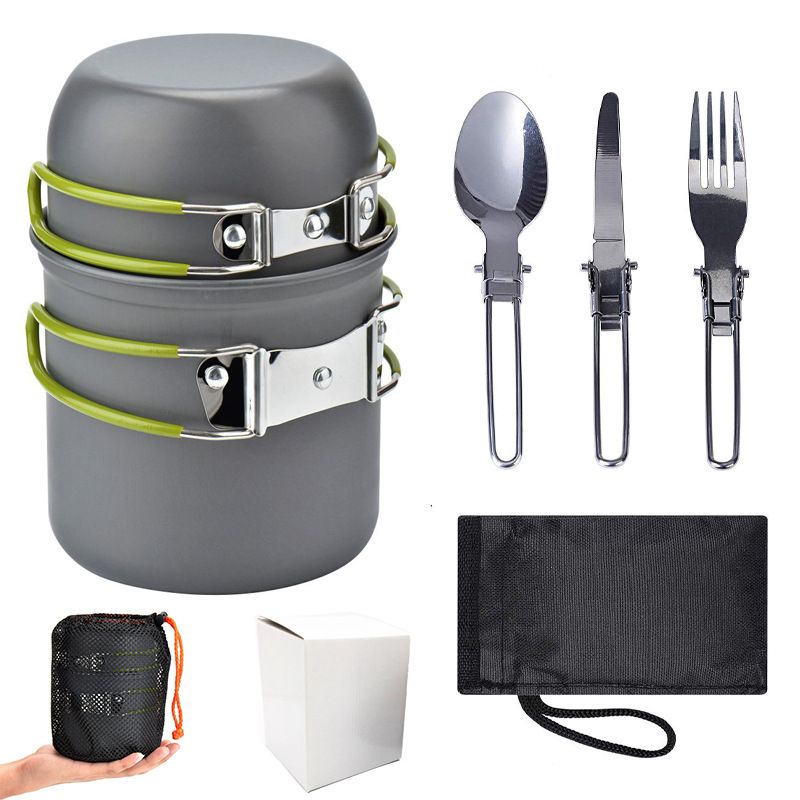 Attrezzatura esterna: set di pentole da esterno per 1-2 persone. Pentole da campeggio portatili con stoviglie DS-101_voghion.com
