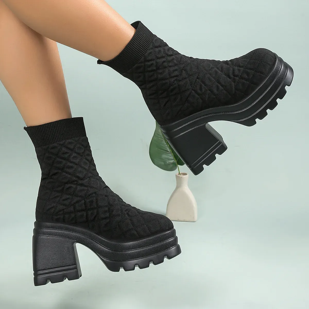 Frauen Stricken Chunky Winter Stretch Socken Stiefel Weibliche Herbst Mode Plattform Slip auf Square Heel Botas De Mujer_voghion.com