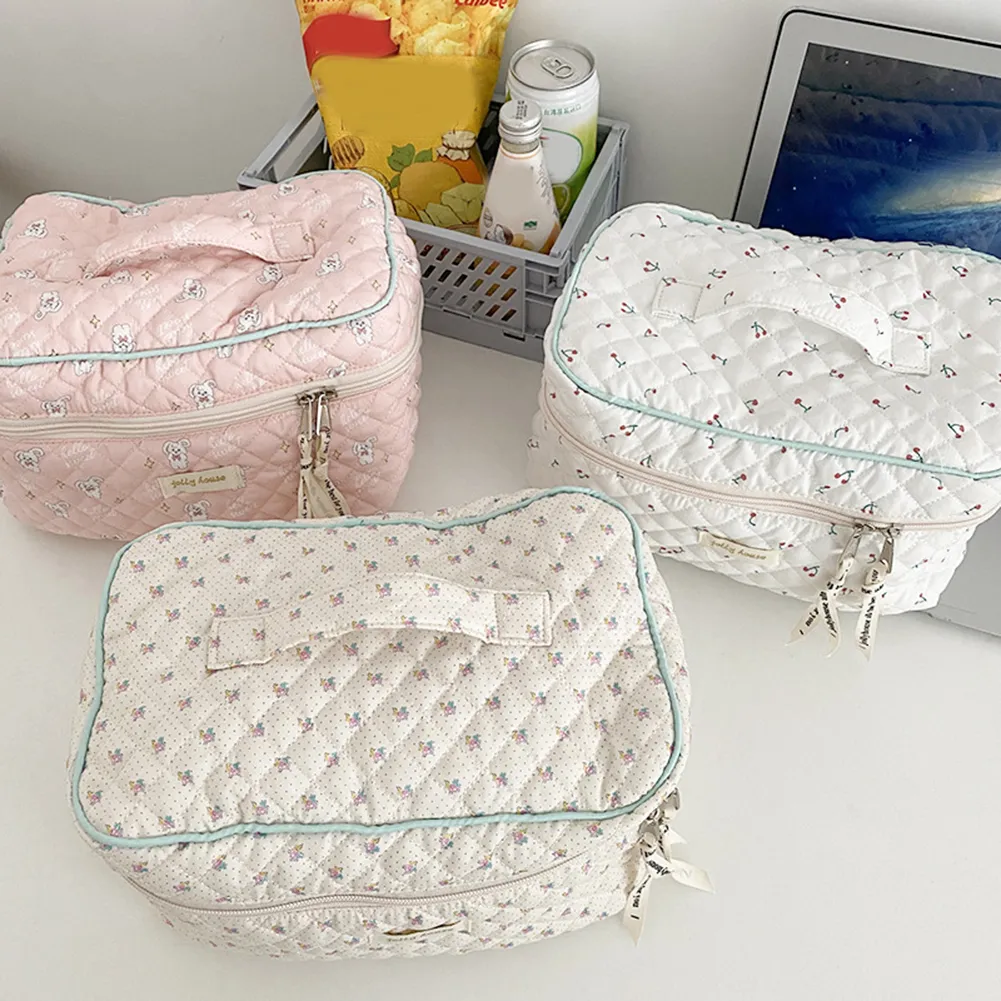 Trousse de toilette coréenne mignonne, portable, zippée, organiseur de voyage, trousse de maquillage matelassée, grande capacité, imprimé floral, pour femmes_voghion.com