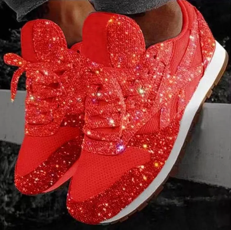 Women Casual Glitter Mesh Flat Ladies Sequin Vulcanized Lace Up Sneakers Outdoor Sport Running Shoes_voghion.com