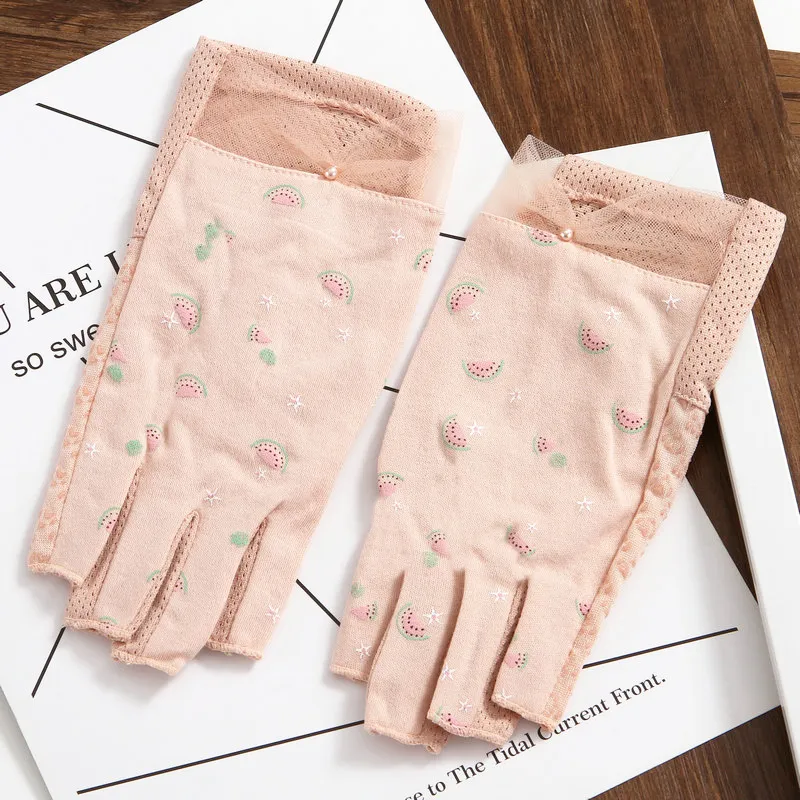 Fashion-Women Half Finger Working Sun Protection UV Cotton Gloves Female Student Summer Fingerless Driving Non-Slip_voghion.com