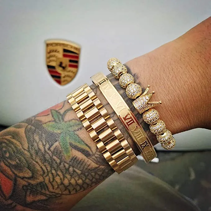 Mens Two-tone Crown Charm Bracelet Set 3 Piece Gold Cuff Bangle_voghion.com
