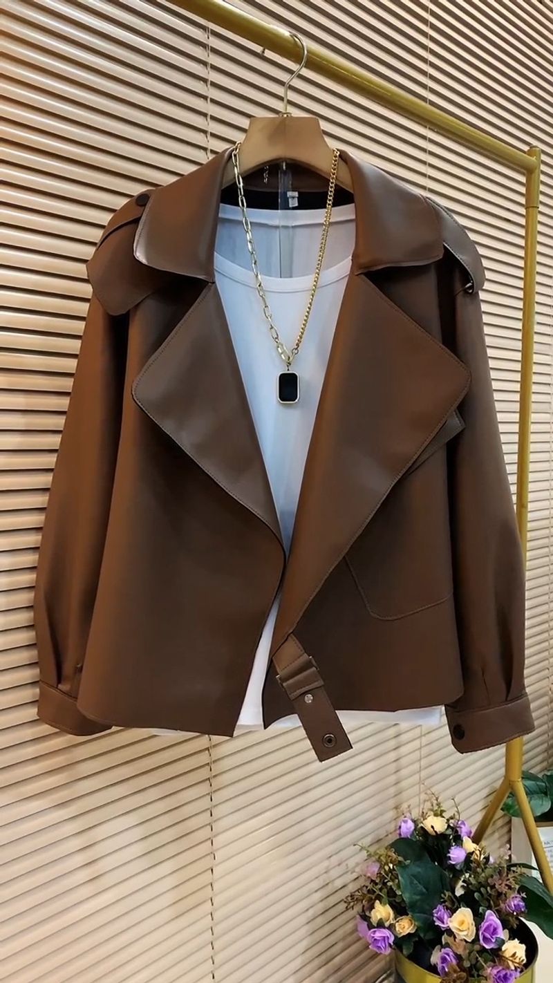 Abbigliamento da donna, giacca da abito di alta qualità, colletto in pelle PU lavata, alla moda, sottile, a maniche lunghe, alla moda_voghion.com