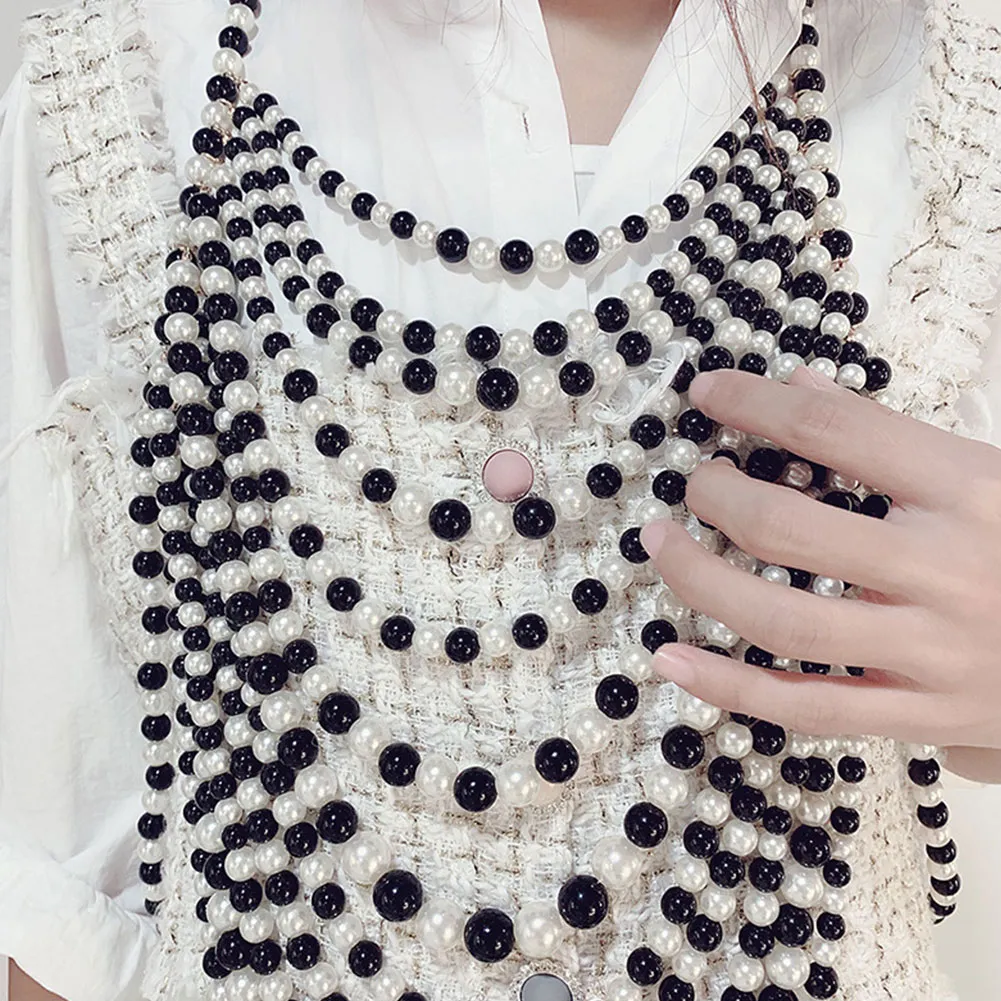 Chaînes Long Collier Blanc Noir Femmes Taille Réglable Bijoux En Plastique Perle Corps Chaîne Anniversaire Épaule_voghion.com