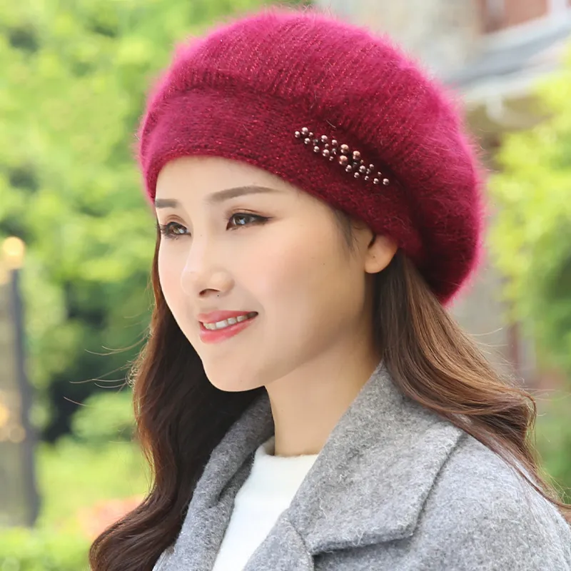 BeanieSkull Caps Beret Women Winter Hat Angora Autumn Knit Beanie Warm Thick Pearl Double Layers Snow Skiing Outdoor_voghion.com