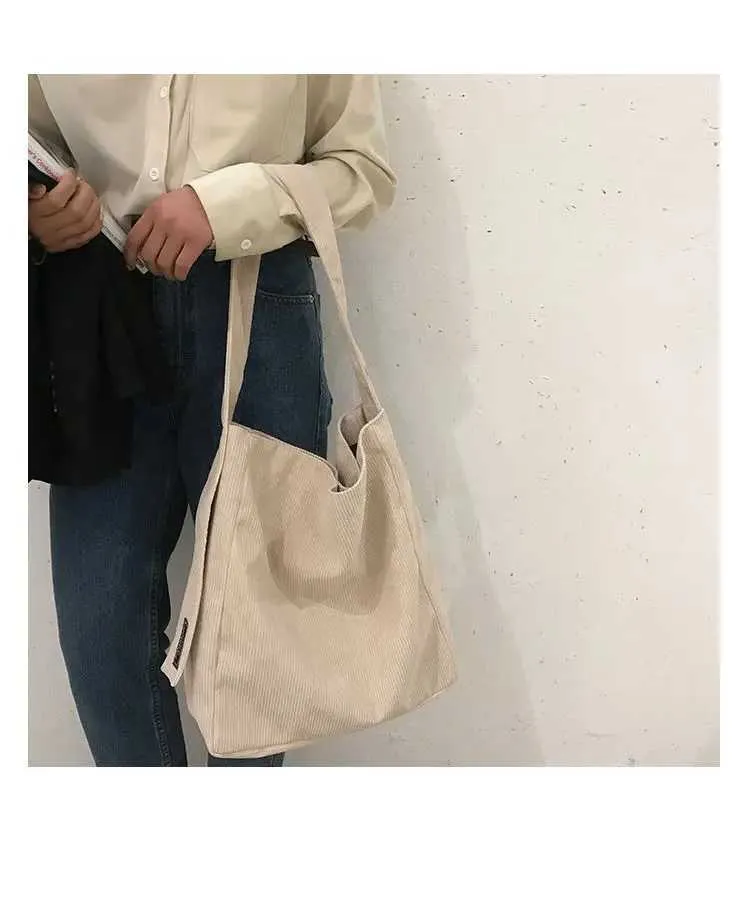 Damska torba na ramię z kordu, mała, bawełniana, płócienna, vintage, duża pojemność, StudentC241031_voghion.com