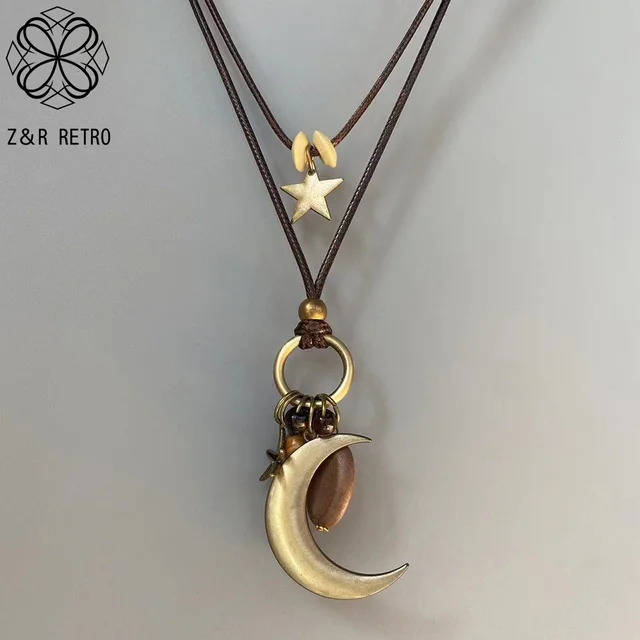 Collana con luna in metallo semplice vintage alla moda per le donne, catene lunghe per collare antiche, pendenti, gioielli fatti a mano, strati_voghion.com