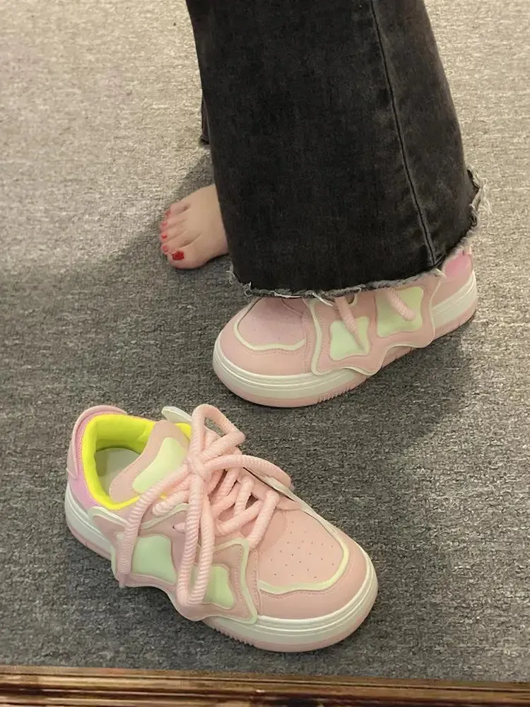 Scarpe da ginnastica con plateau rosa e blu da donna, scarpe sportive kawaii, casual, da tennis, da donna, basse, vintage, con suola spessa, coreane, carine_voghion.com