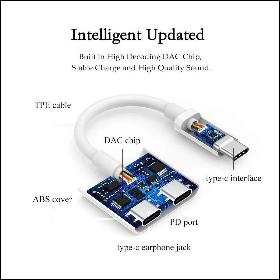 Cell Phone Cables Charger Adapter 2 In 1 Usb C To Headphone Audio Noise Cancelling For Smart Mobile Phone289T Drop_voghion.com
