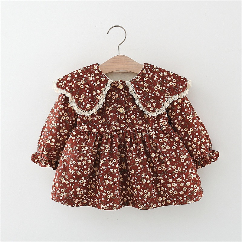 Abito floreale autunnale con maniche lunghe per bambina in pizzo stile coreano_voghion.com