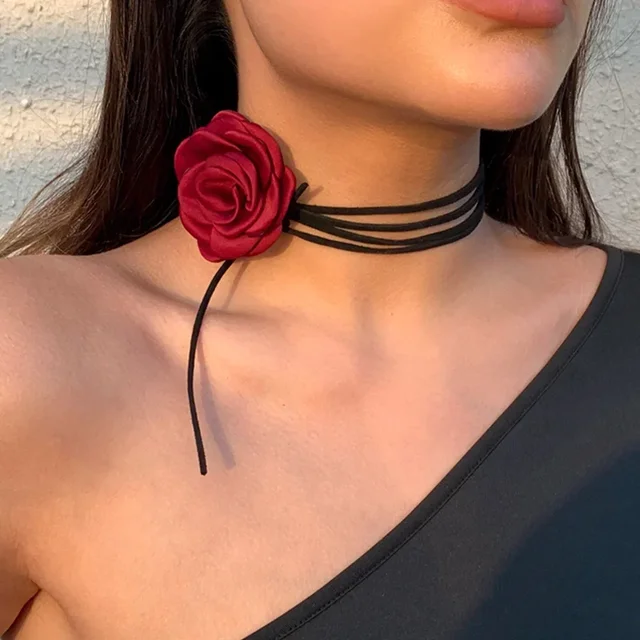 Collana con catena a forma di rosa grande gotica romantica pronta all'uso per donne, ragazzo, moda coreana, regolabile, con corda, girocollo Y2K_voghion.com