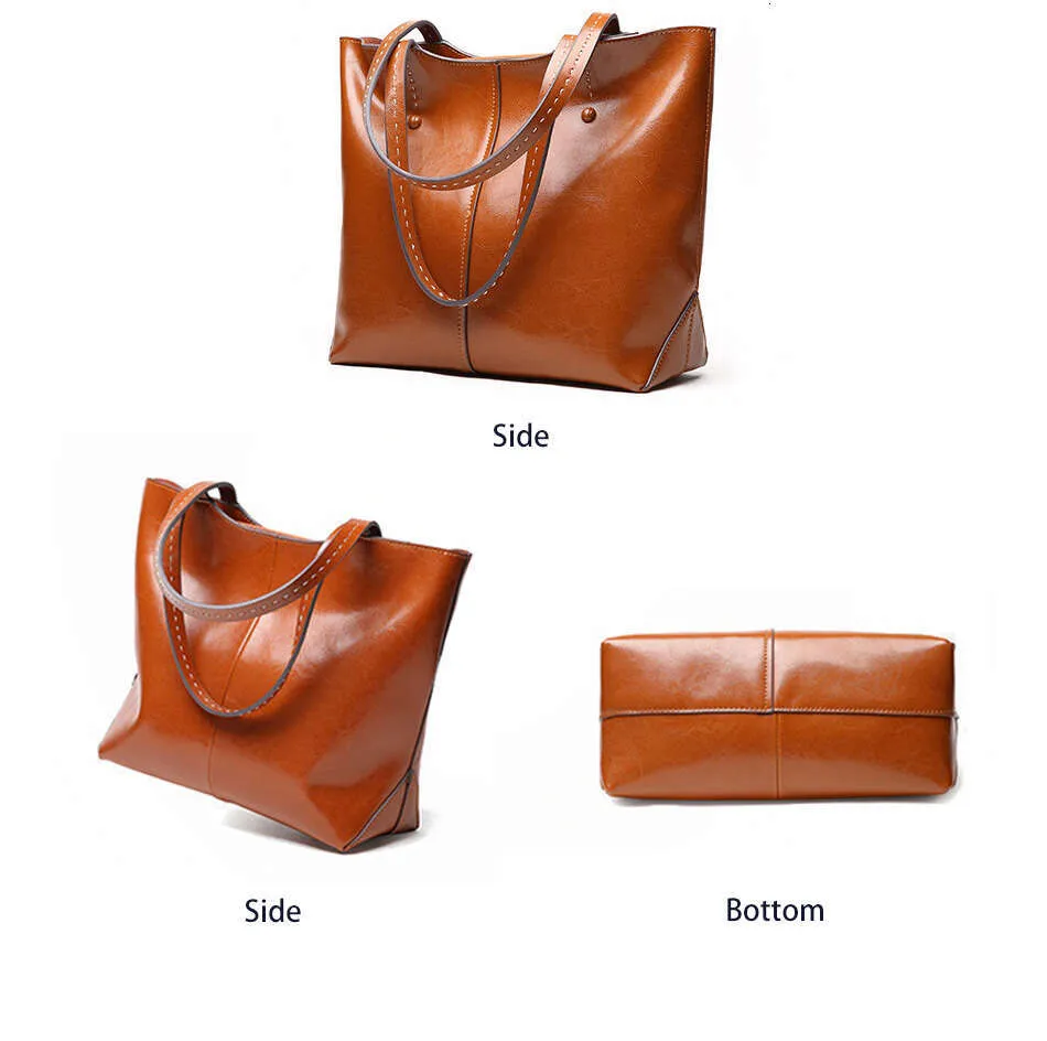 Zency Soft Cowhide Leather Fashion Women Shoulder Retro Brown Tote Handbag Large Capacity Lady Shopping Bag Black Grey_voghion.com