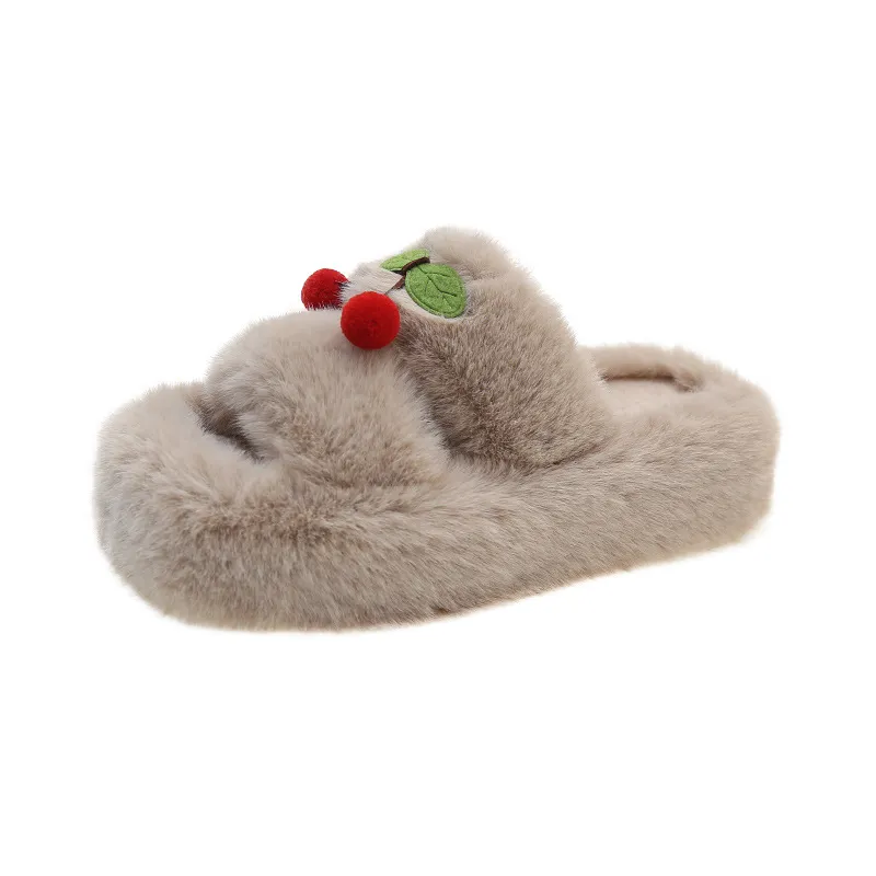 Papuci drăguți de designer cu imprimeu de cireșe pentru femei, fete, doamne, toamnă și iarnă, calde, cu blană, pufoase, de pluș, pentru femei_voghion.com