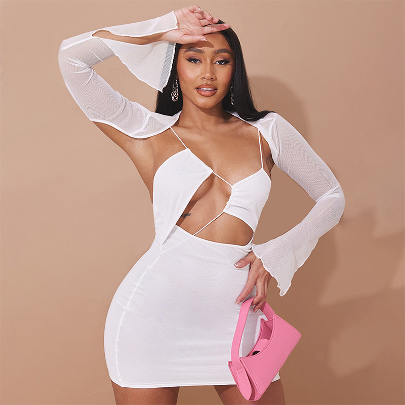 Women's autumn new solid color gauze perspective shawl long sleeve wrapped dress_voghion.com