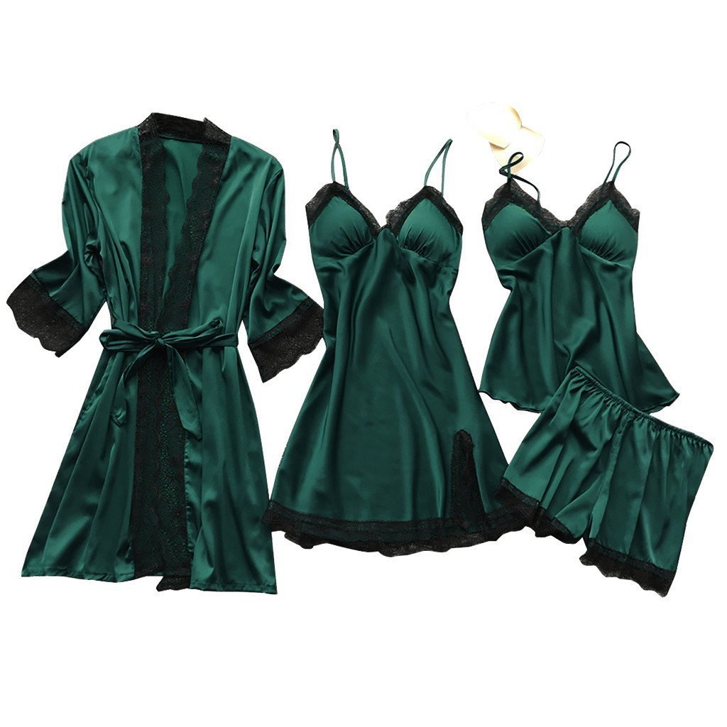 Pyjama Femme Pyjama Sensuel 4 Pièces Pyjama Camisole Vêtements de Maison Femme avec Coussin de Poitrine Robe de Nuit