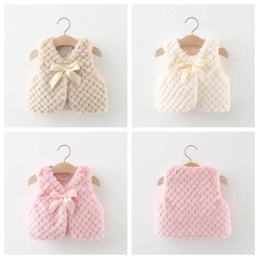 Kış Kız Bebek Kolsuz Düz Renk Fiyonklu Peluş Yelek Çocuk Mont_voghion.com