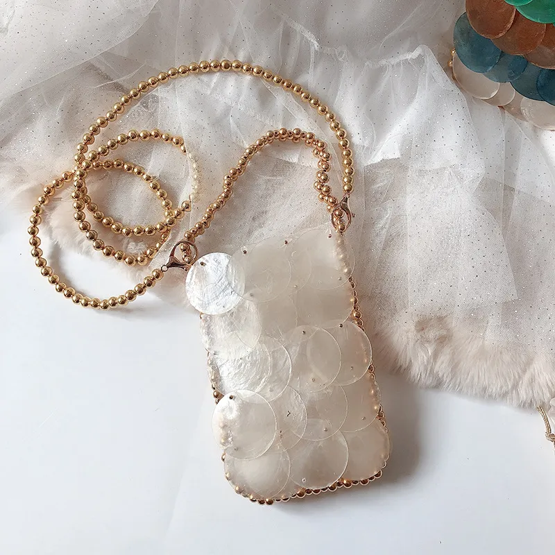 Borse da sera fatte a mano intrecciate con conchiglia rotonda, a tracolla, con paillettes, a catena, a tracolla, da donna, per telefono, portafoglio, pochette da festa_voghion.com