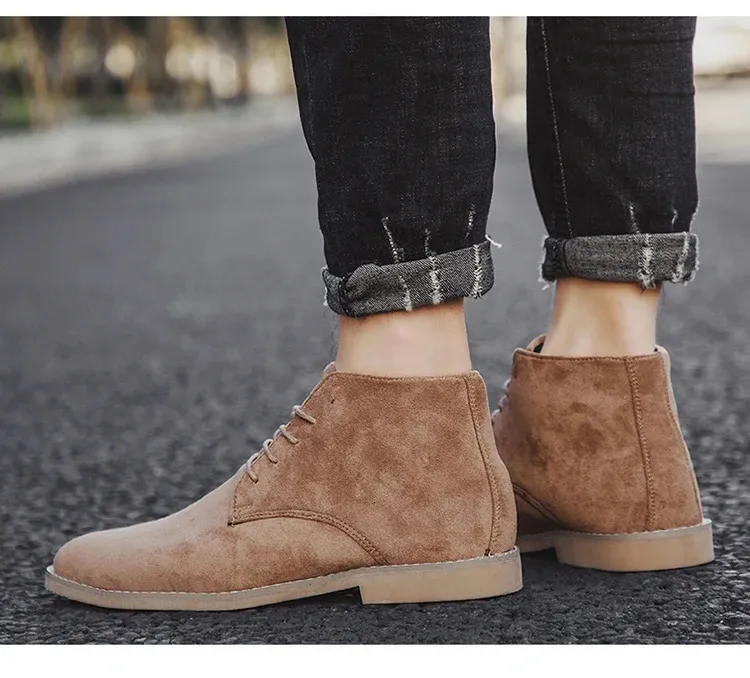 Chaussures en cuir suédé kaki de Style britannique bottines en dentelle confortables hommes Botas Para Hombre 250425_voghion.com