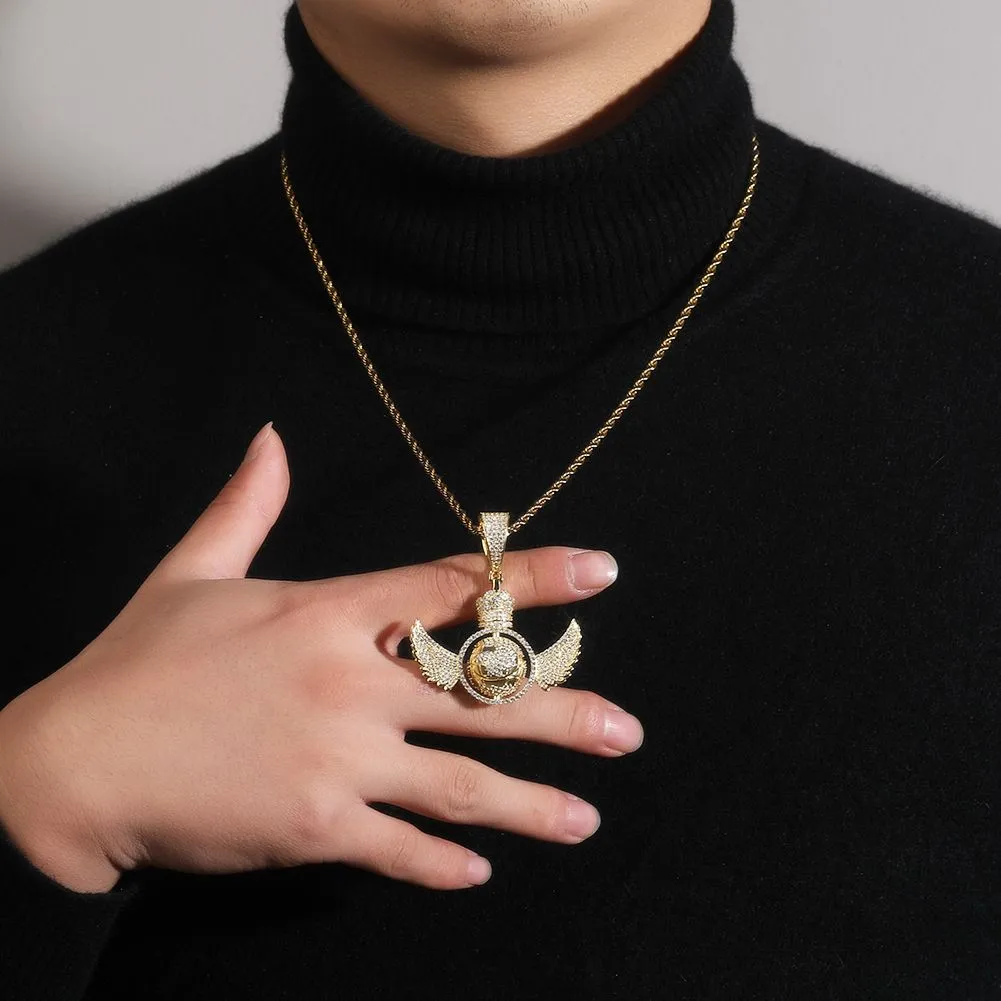 Hip Hop Engelsflügel drehen den Globus Anhänger Halskette voller 5A Zirkon echt vergoldet Schmuck_voghion.com