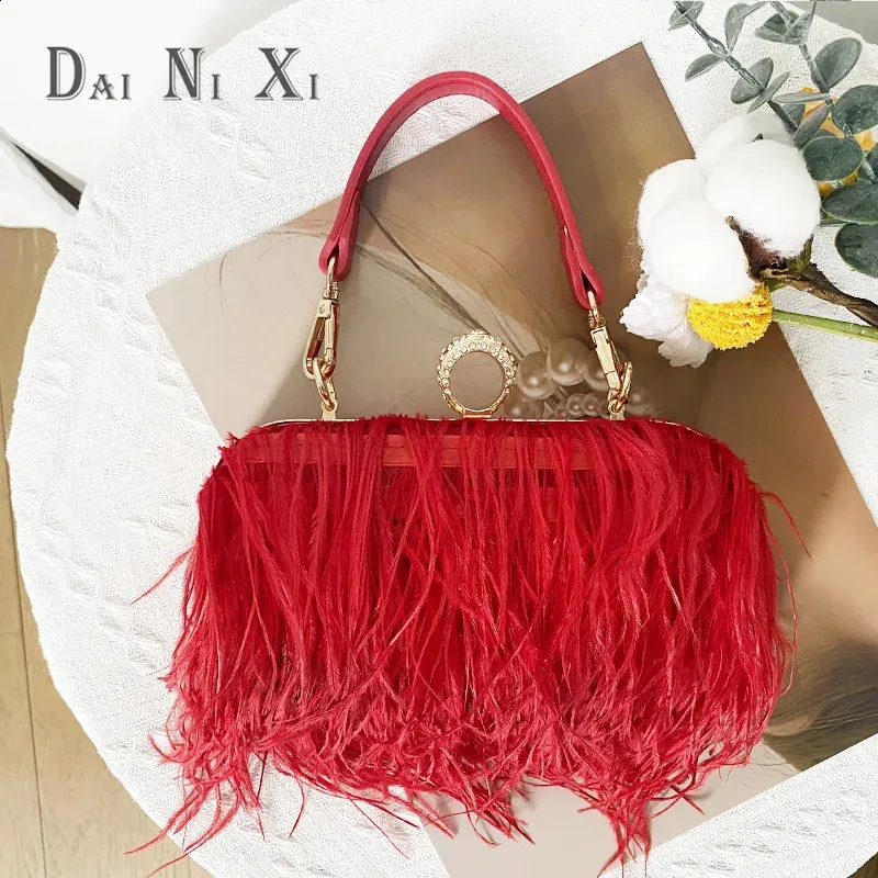 Mode Strauß Fuax Pelz Feder Brieftasche Clutch Tasche Damen Dia Knuckle Ringe Dinner Party Hochzeit Geldbörse Chic 240919_voghion.com