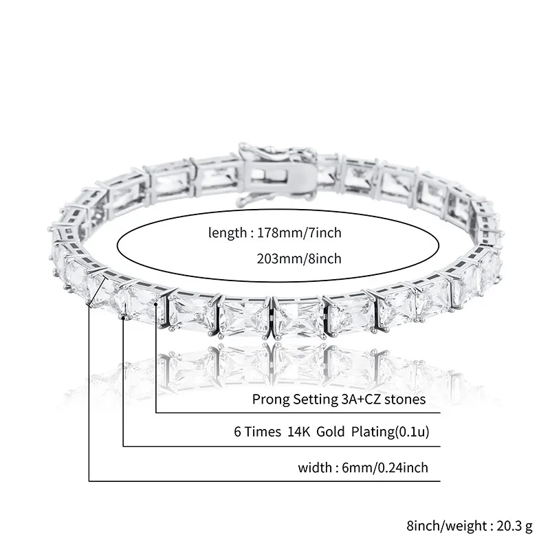 Cadenas de 6 mm con circonita cúbica brillante, cadena baguette, collar, pulsera, diamante cuadrado, joyería de oro de Hip Hop, bisutería, collar_voghion.com
