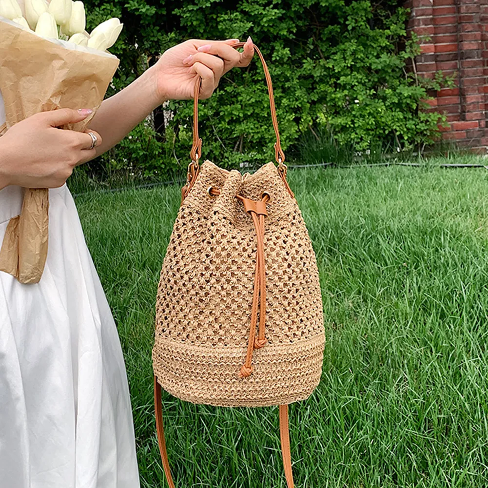 Summer Women Handbags Drawstring Straw Beach Crossbody Bags Adjustable Strap Fashion Casual Simple Elegant For Weekend_voghion.com