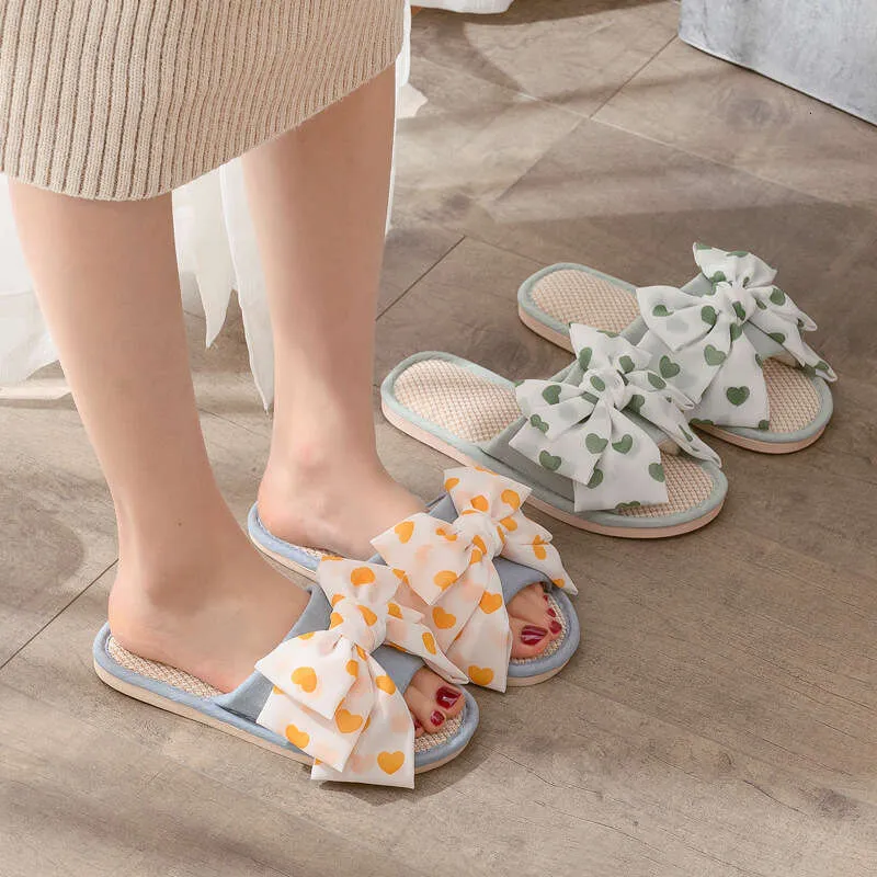 2024s New Home En Breathable Sandals Women's Summer Indoor Fabric Love Bow Comfort Slippers Green_voghion.com
