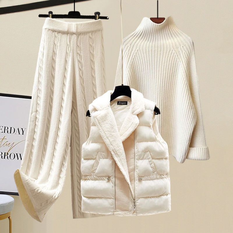 Vêtements pour femmes Costumes d'automne et d'hiver pour femmes de grande taille nouveau style vêtements d'extérieur gilet épaissi pull tricoté pantalon large costume trois pièces