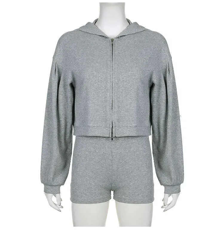 ALL121 Yoga Topp Sweatshorts Hettegenser Tre stk sett Dame Sport Dress Strikket Glidelås Hette Cardigan Sweatshirt Vneck_voghion.com