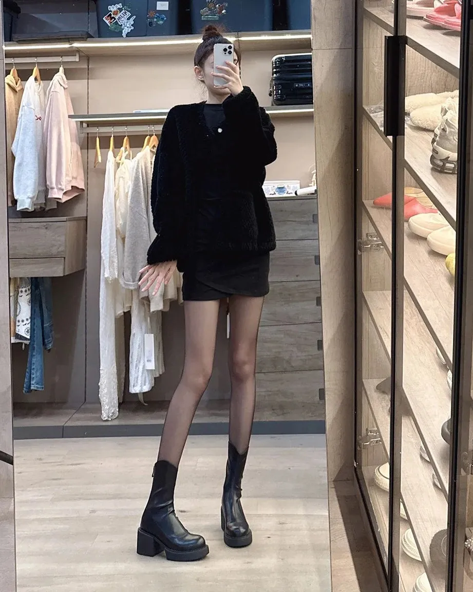 High ankle work very high heels brown short and chubby platform womens waterproof boots black Pu 240911_voghion.com