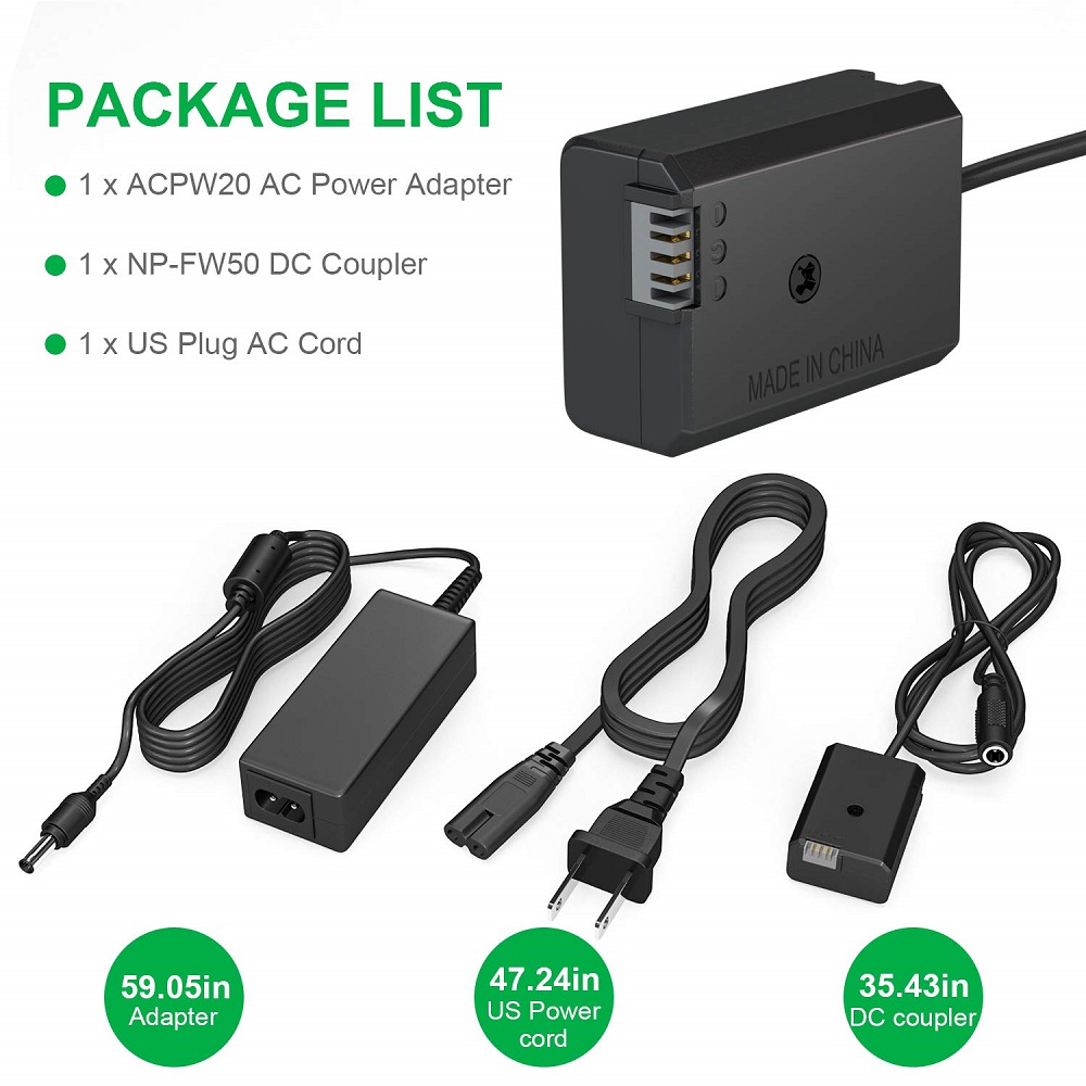 AC-PW20 NP-FW50 Dummy-Akku, Netzteil, DC-Koppler-Kit für Sony Alpha A5100 A6500 A6400 A6000 A55 A7 RX10 Kameras_voghion.com