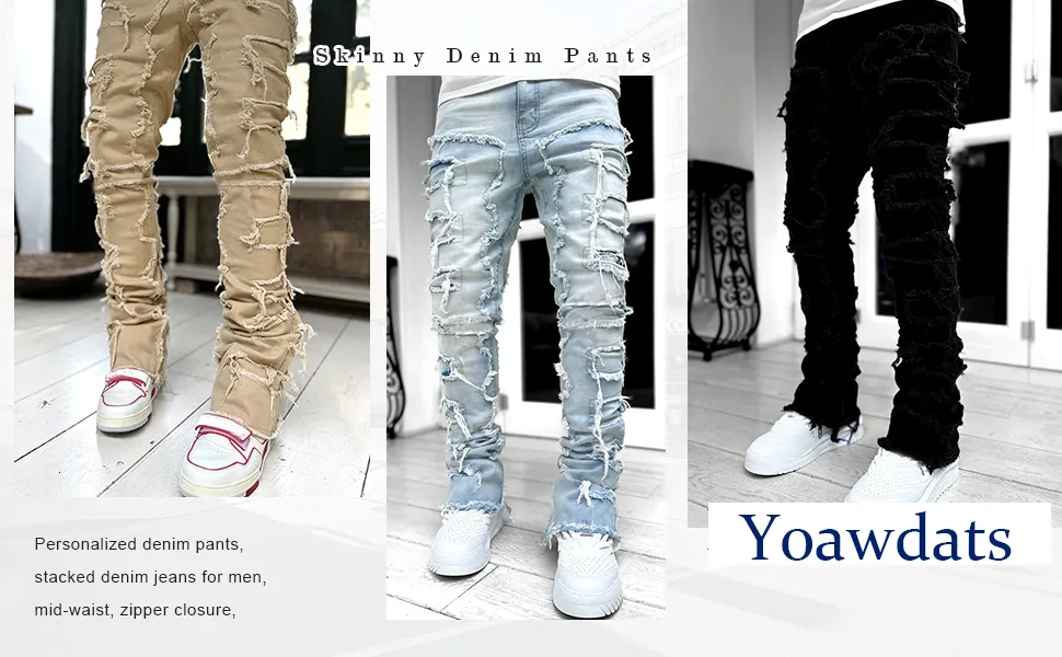 Black Stacked Jeans With Rips, Patches, Distressed Jeans, Streetwear, Men's Pants, Casual Slim Fit_mkmklike.com