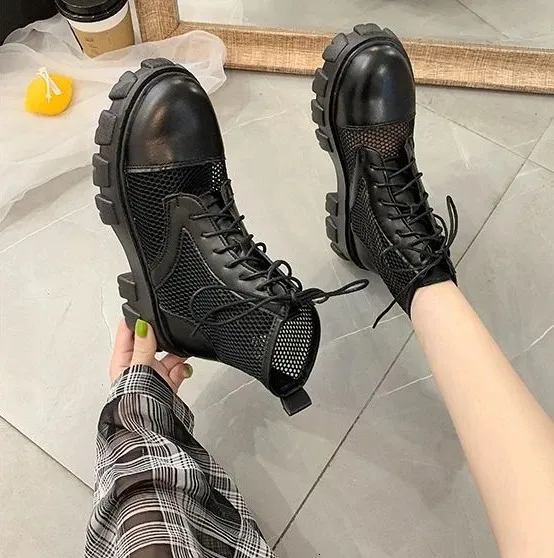 Booties Kurze Schuhe für Damen Punk Style Schwarze Biker Schnürschuhe Leder mit Schnürsenkeln Combat Damen Stiefeletten_voghion.com