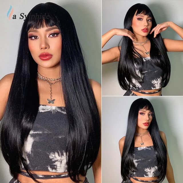 hot selling La Sylphide Cosplay Long Straight Deep Red Synthetic Hair Wigs with Bangs for Black White Woman Heat Resistant Daily Wig_voghion.com